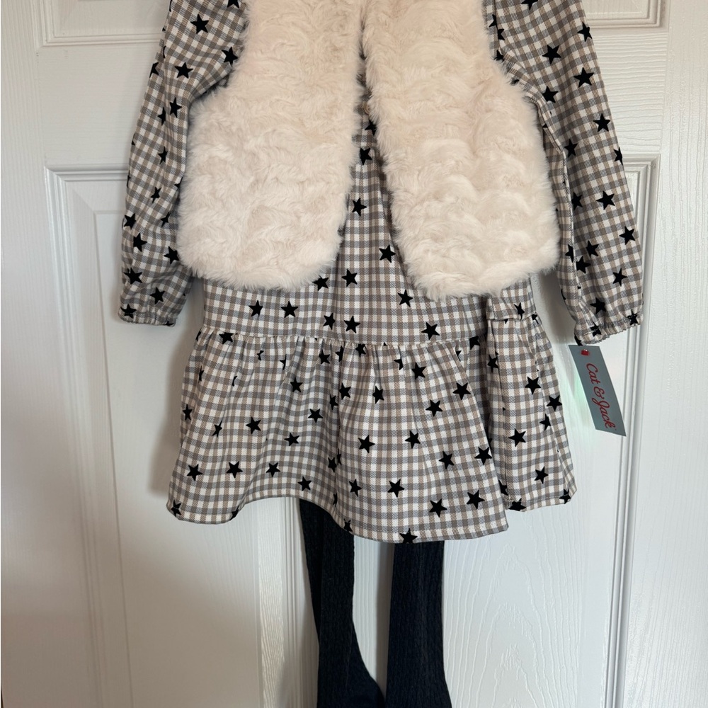Plaid Dress with Faux Fur Vest